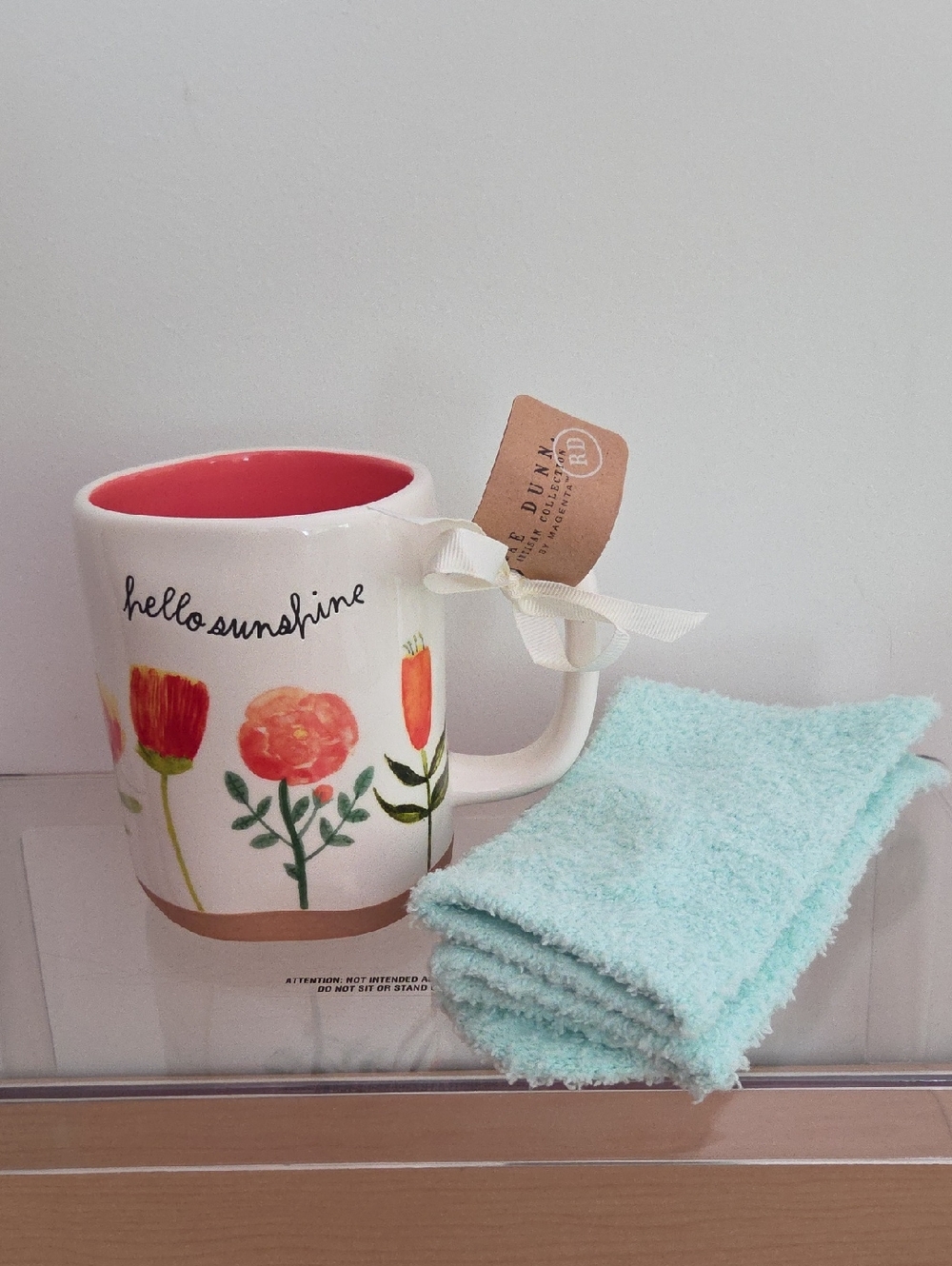 Rae Dunn White Floral Mug with Coral Interior NWT & cozy Socks...great Gift!